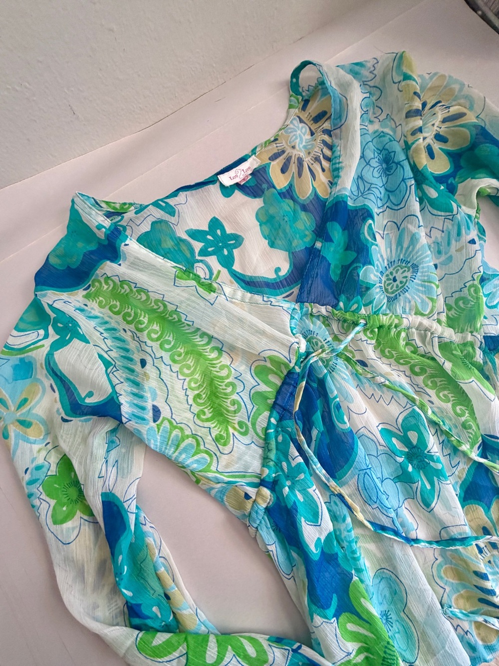 Luv beach Bathing Suit cover up blue White Green Sheer Long Sleeve Rayon S Small